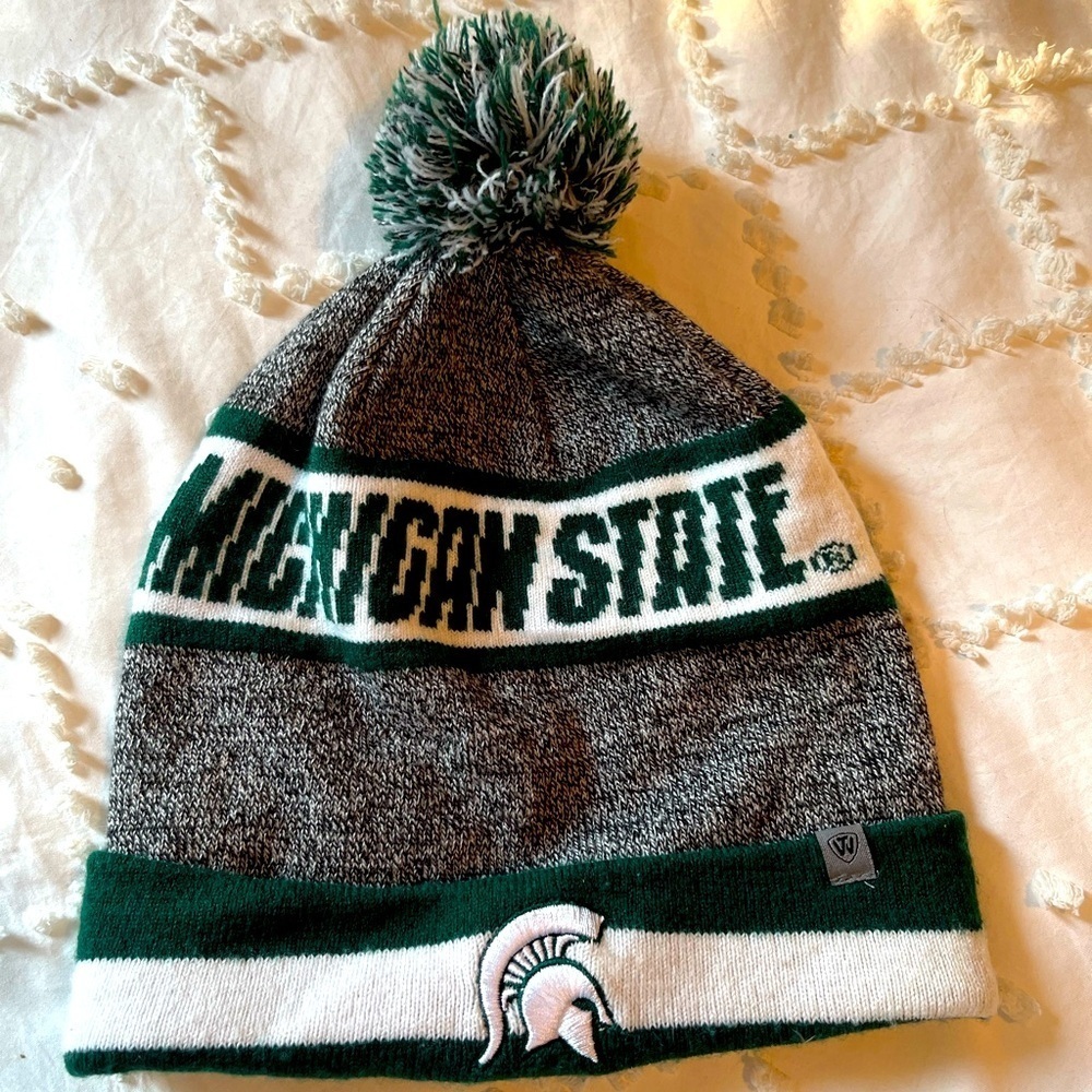 Michigan State Spartans MSU Green and White Pom Pom Knit Beanie Winter Hat